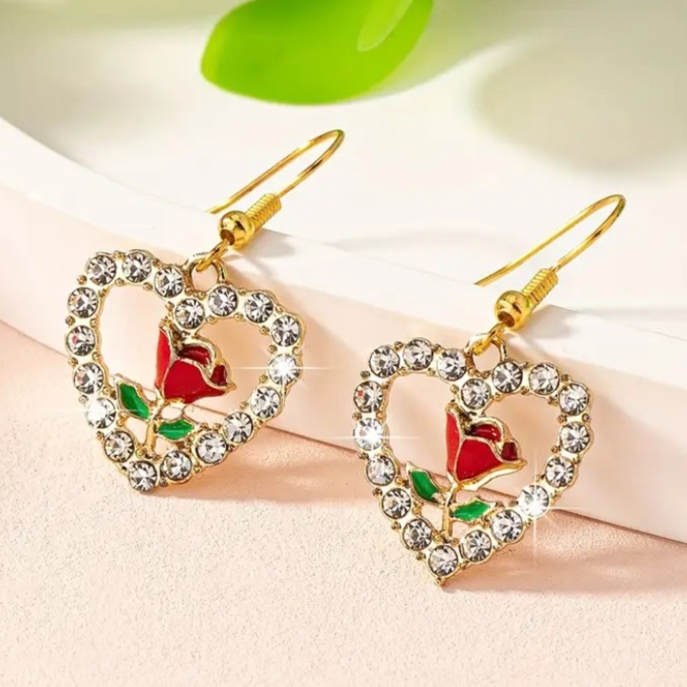 Red Rose & Diamond Heart Gold Toned Earrings - Picture 6 of 6